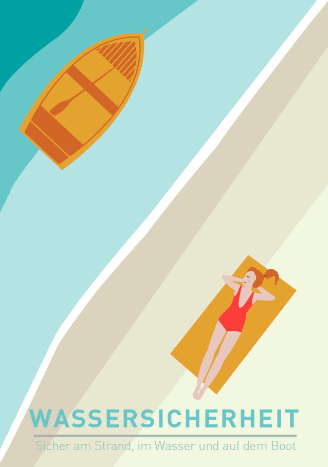 E-Book-Cover zur Wassersicherheit: Grafik mit einer Frau am Strand in gold-blauen Farbtönen.