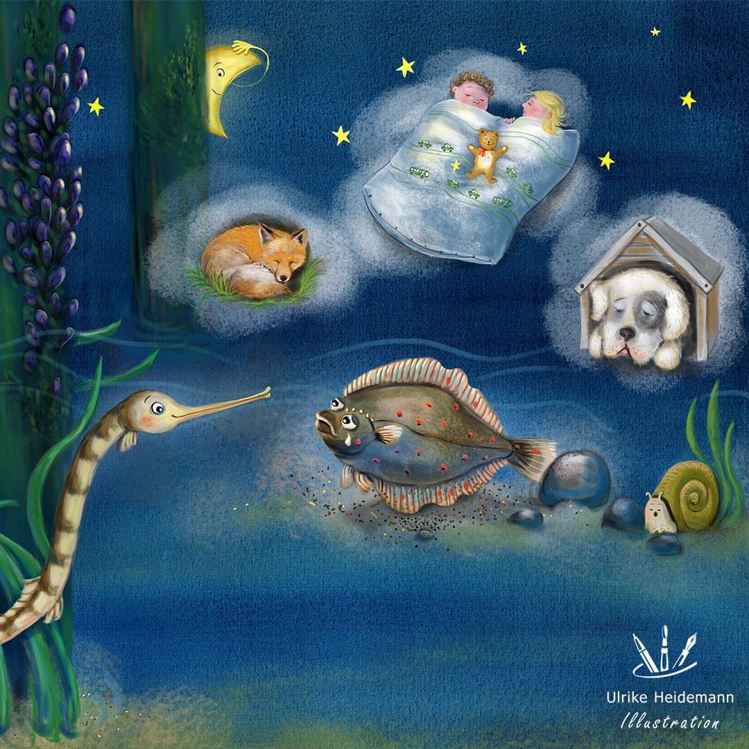 Eine Unterwasserwelt mit Fischen, schlafenden Tieren und Kindern unter einem Sternenhimmel.