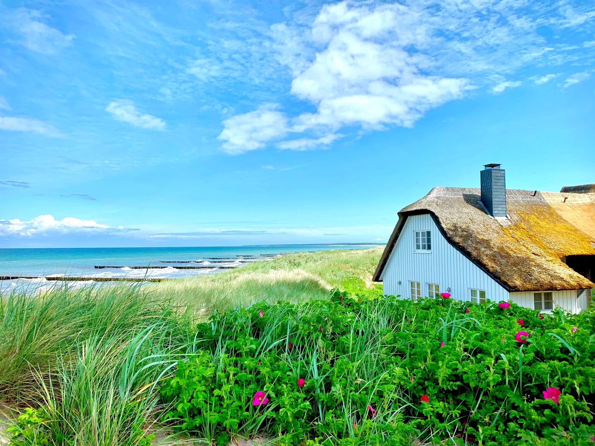 Reetdachhaus in Dünen mit Blick auf Ostsee und blauen Himmel