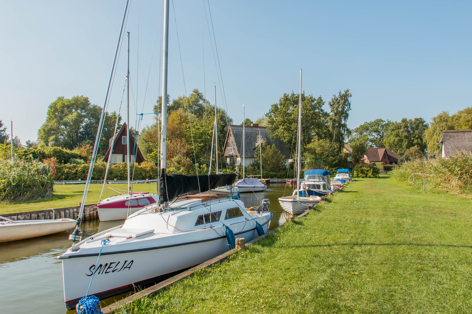Segelboote liegen an einer grünen Wiese in einem kleinen Boddenhafen