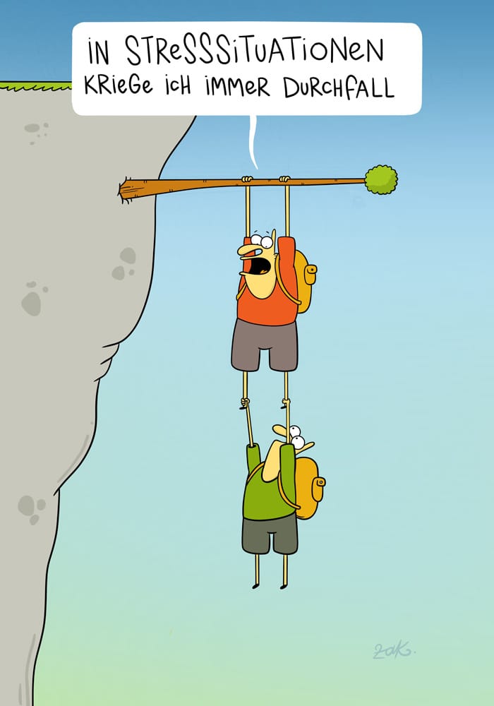 Cartoon: Zwei Wanderer hängen am Ast; der obere gesteht Stress-Durchfall.
