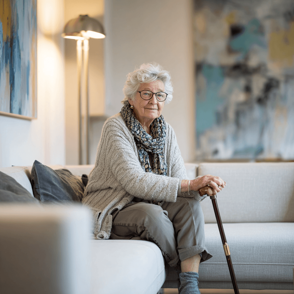 Seniorin sitzt barrierearm und komfortabel in moderner Ferienwohnung