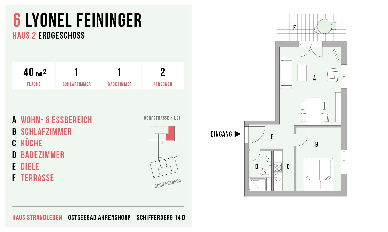 Grundriss eines Ferienhauses mit Schlafzimmer und Badezimmer