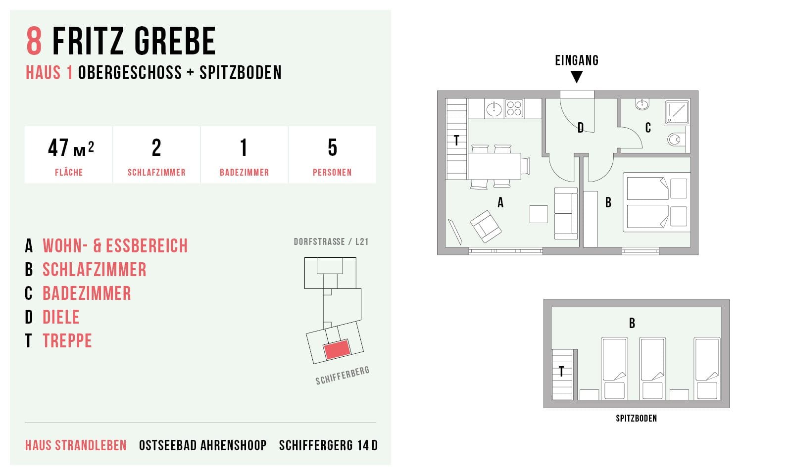 Grundriss der Ferienwohnung mit 2 Schlafzimmern