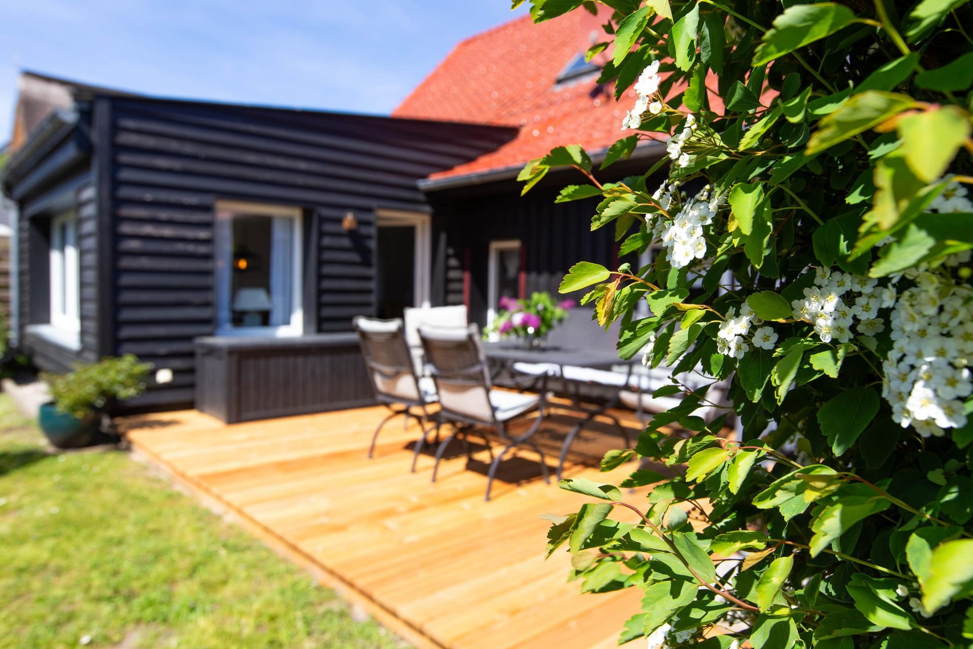 Terrasse mit Gartenmöbeln und Pflanzen