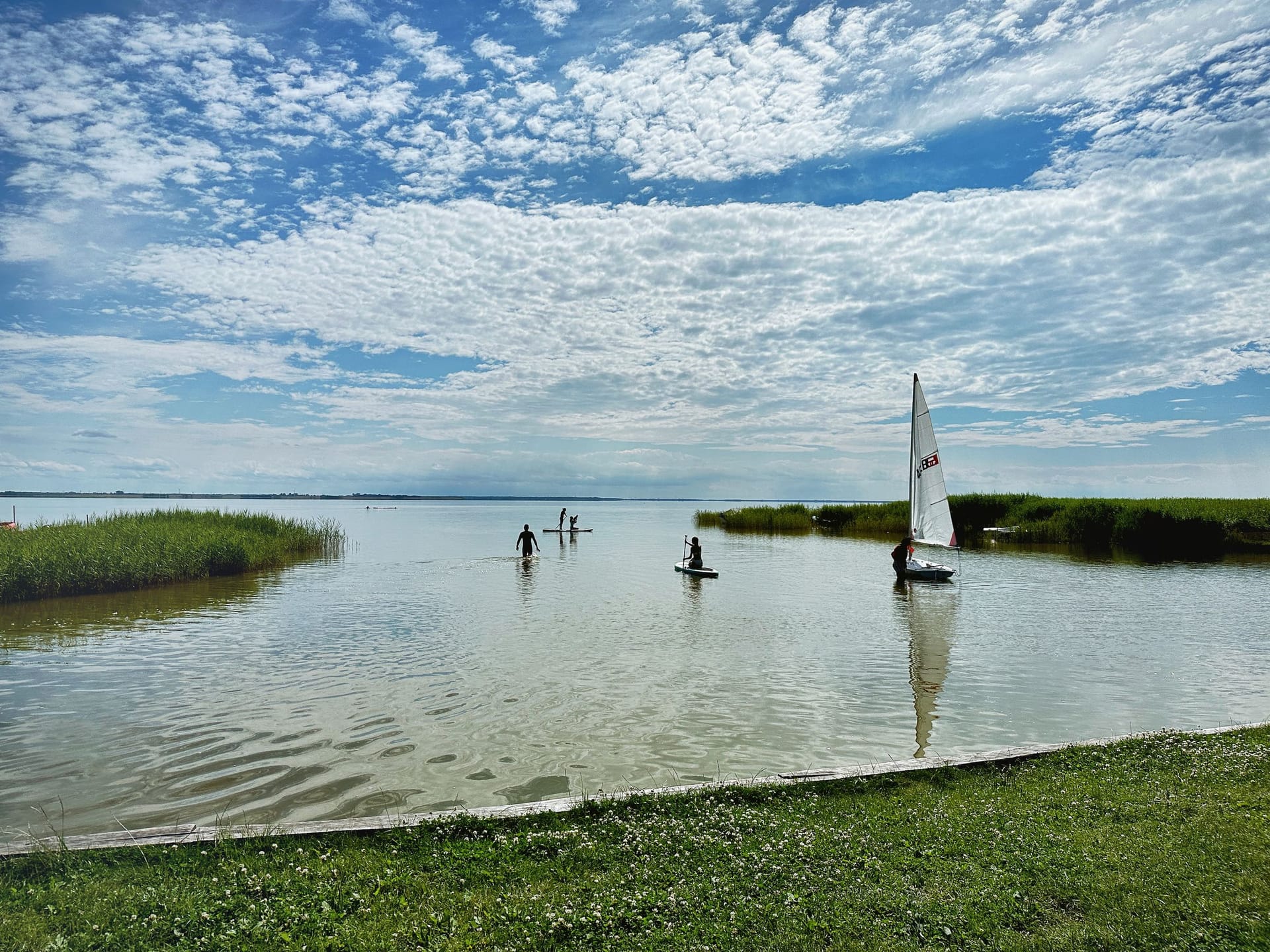 See mit Segelbooten und Wassersportlern