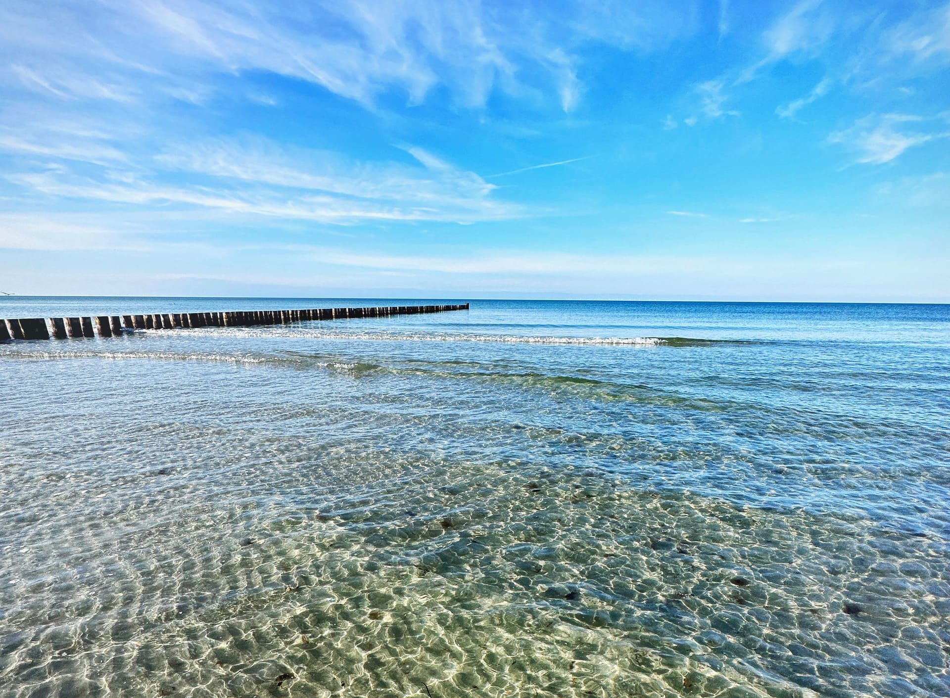 Sandy beach with wooden posts in the water