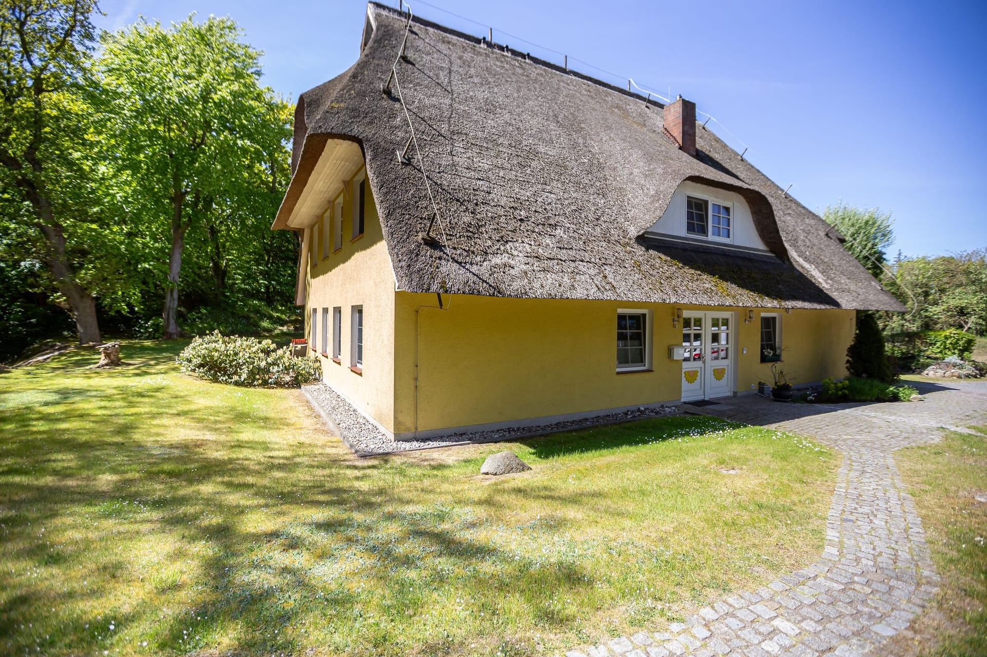 Außenansicht des Ferienhauses mit Rasen und Baum.