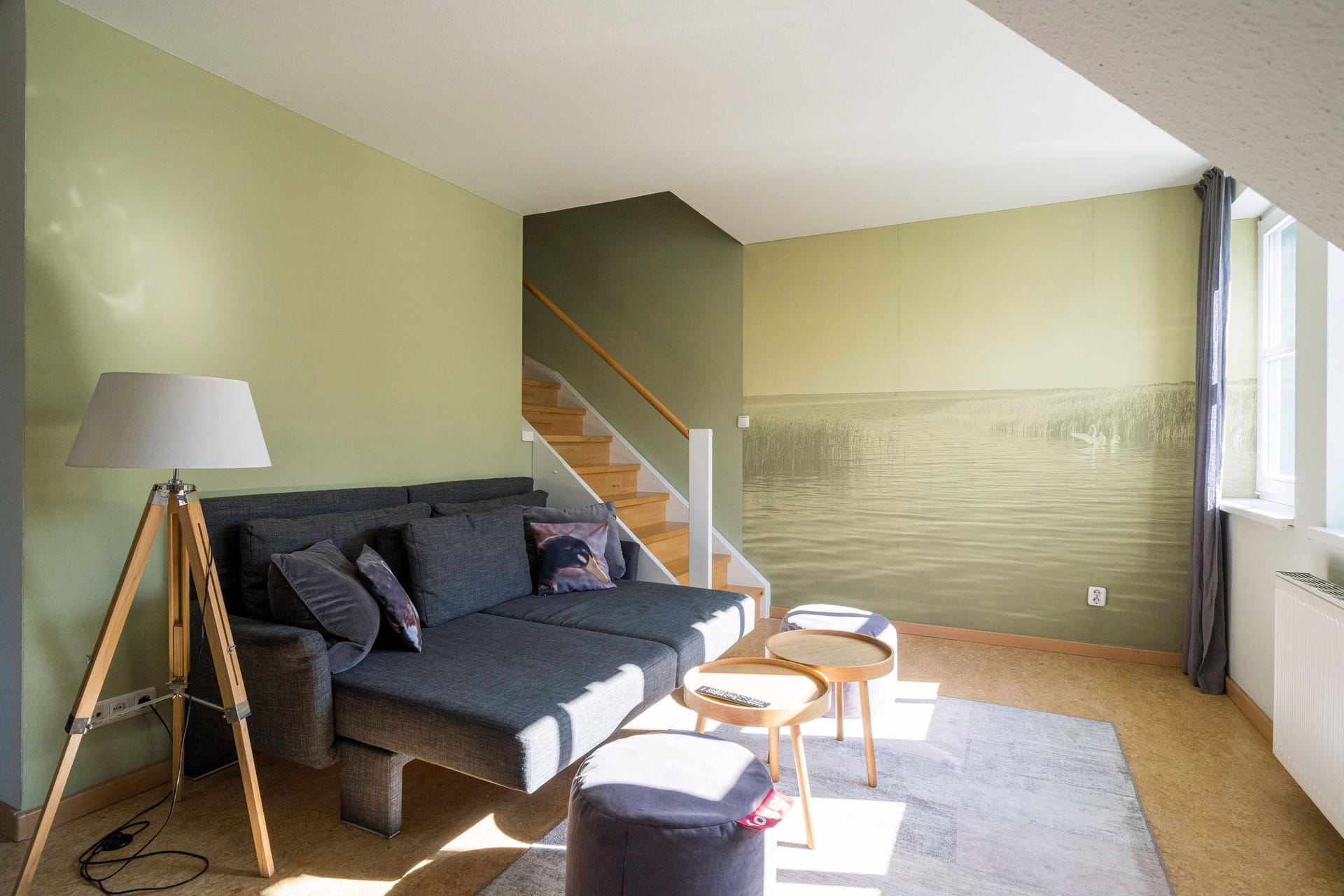 Heller Wohnbereich mit modernem Sofa