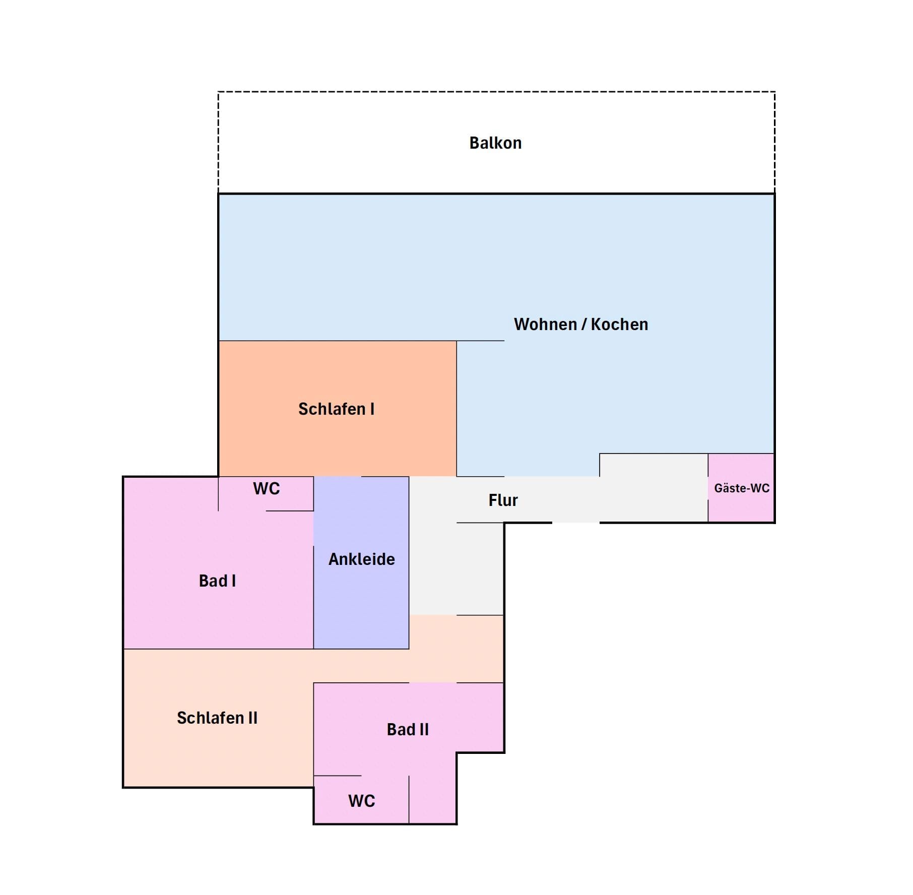 Grundriss der Wohnung mit Balkon und verschiedenen Räumen
