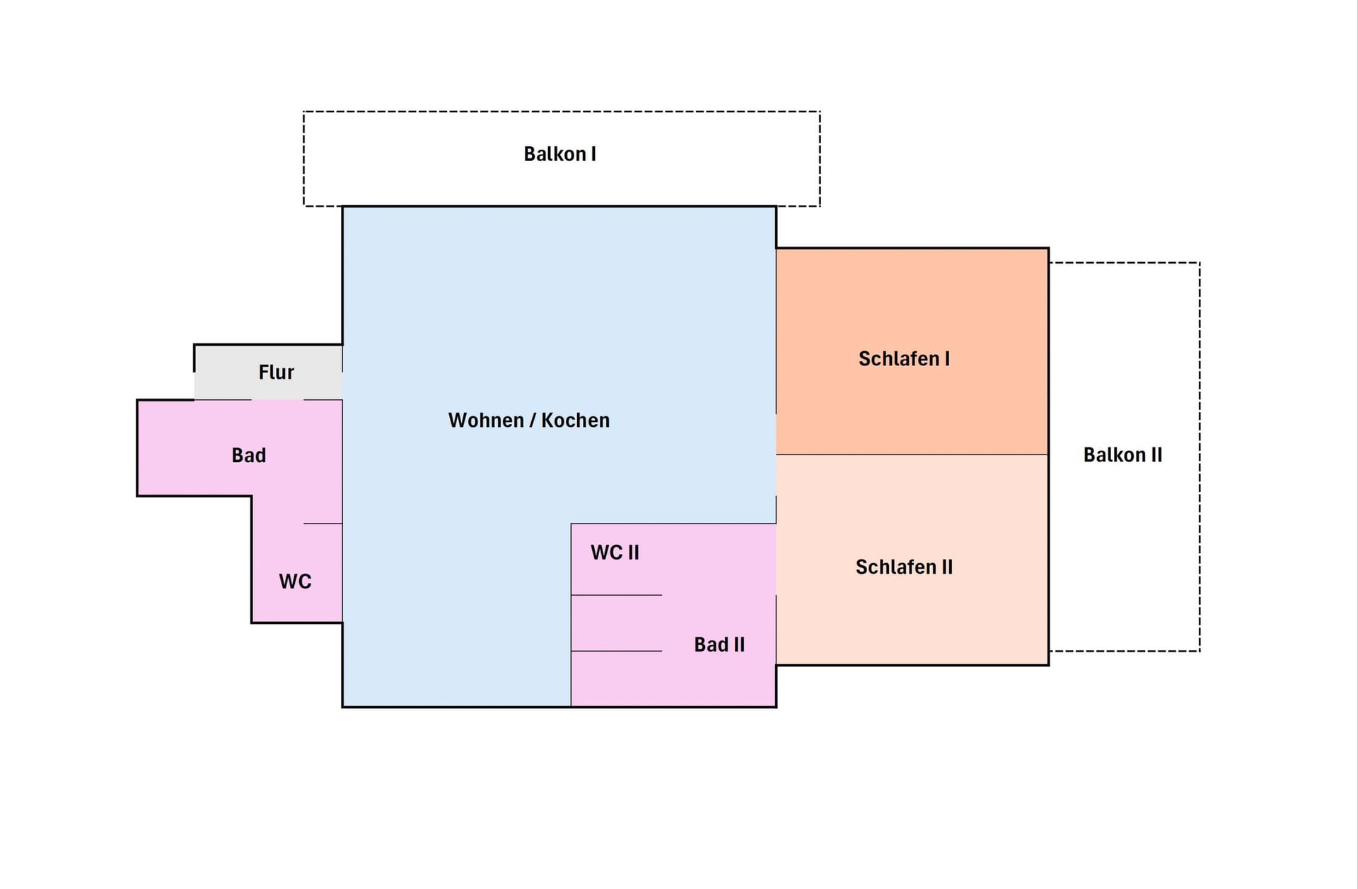 Grundriss des Ferienhauses mit Schlafzimmern und Balkonen