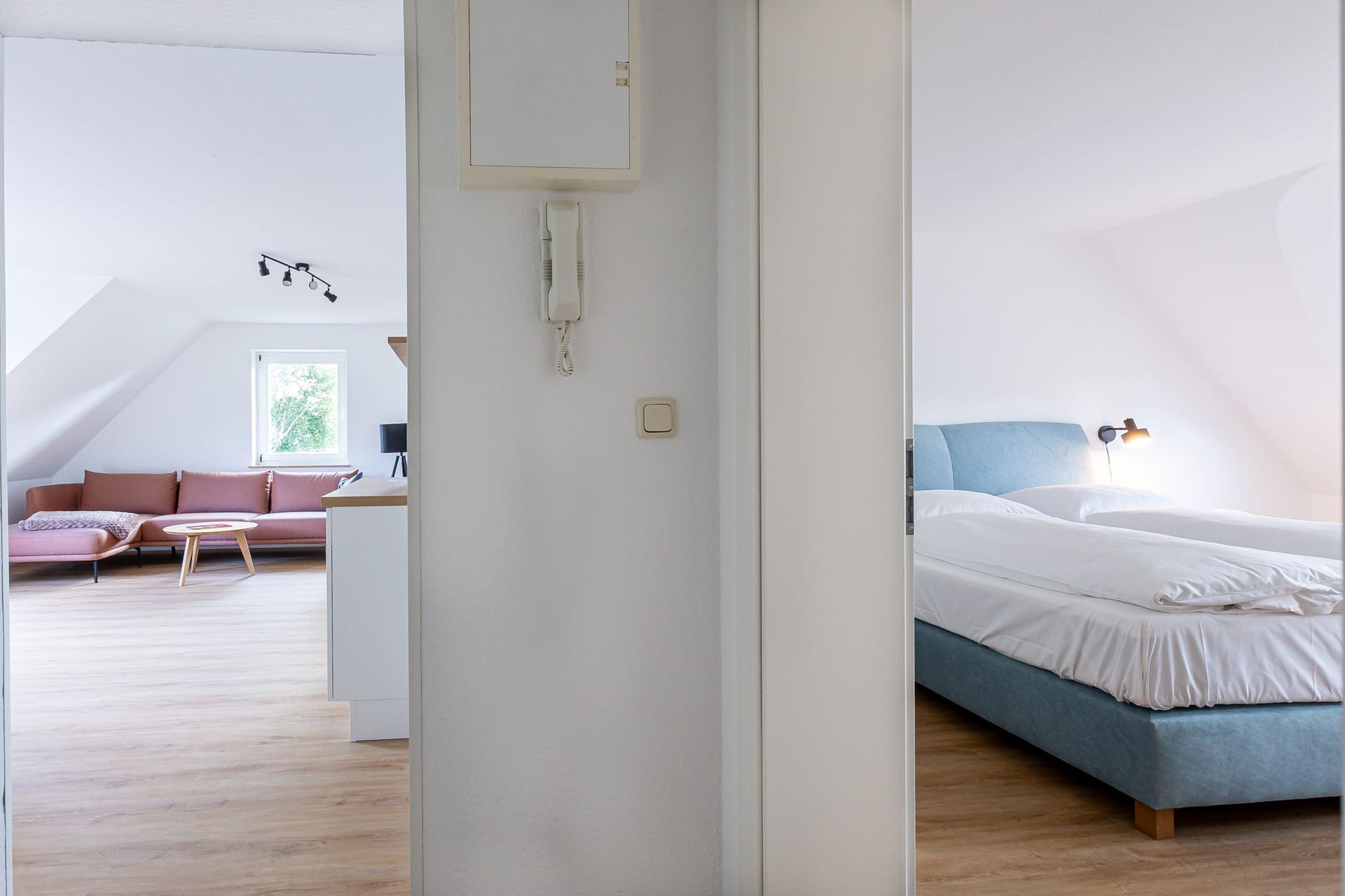 Helles Wohnzimmer mit Sofa und Bett