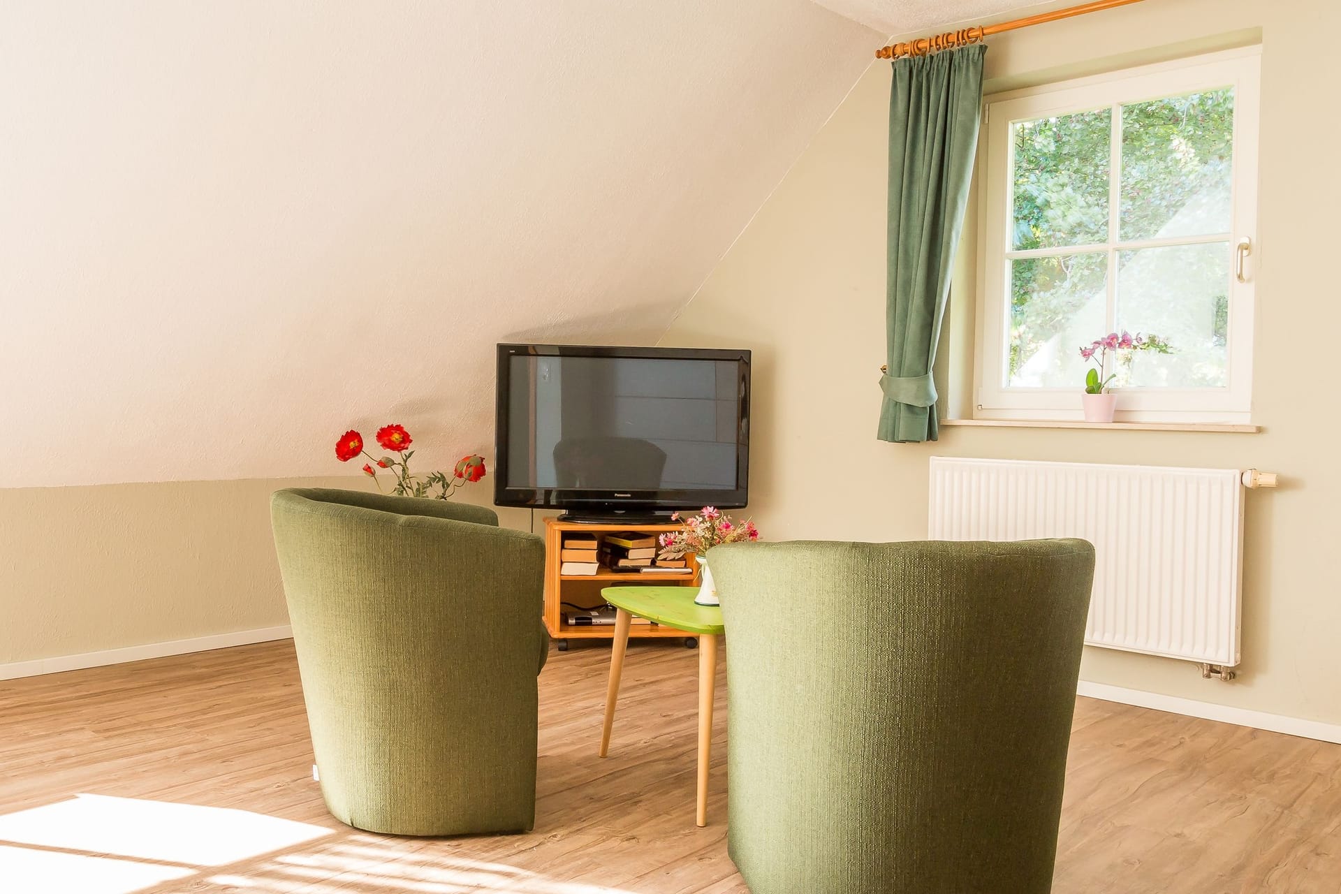 Helles Wohnzimmer mit zwei Stühlen und Fernseher