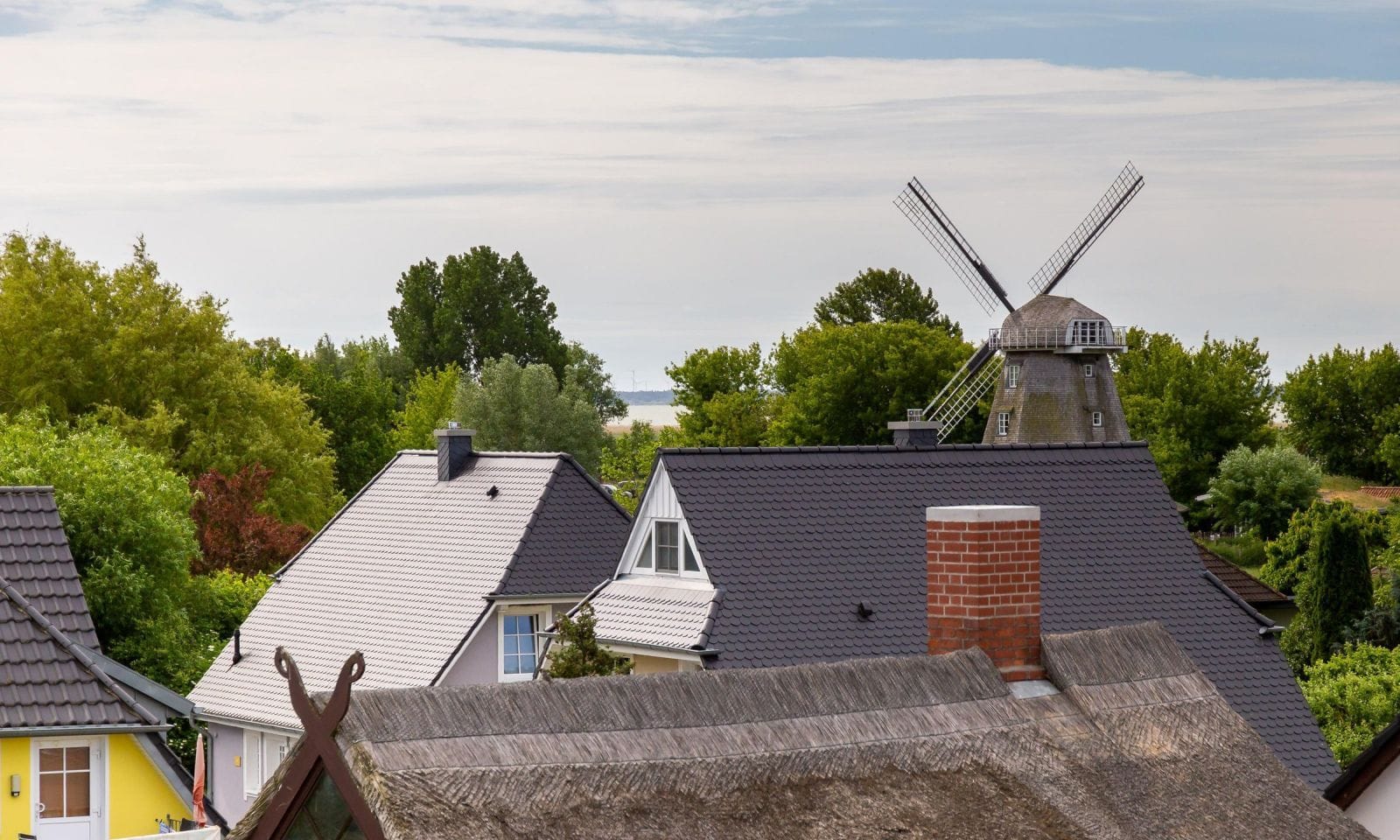 Dachansicht mit charmanten Häusern und Windmühle