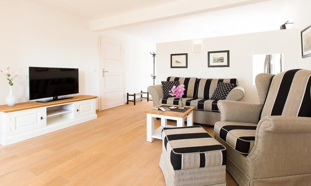 Helles Wohnzimmer mit Sofa und Fernseher