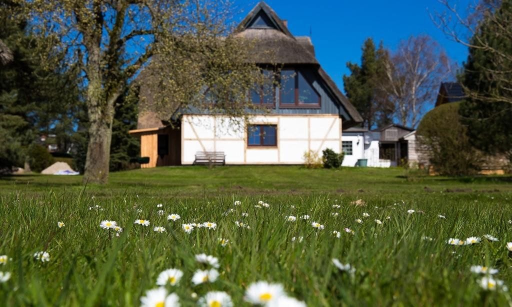 Außenansicht des Hauses mit Garten und Wiese
