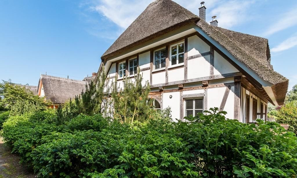 Traditionelles Haus mit Reetdach im Grünen