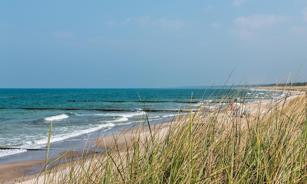 Strandansicht mit Gras und sanften Wellen