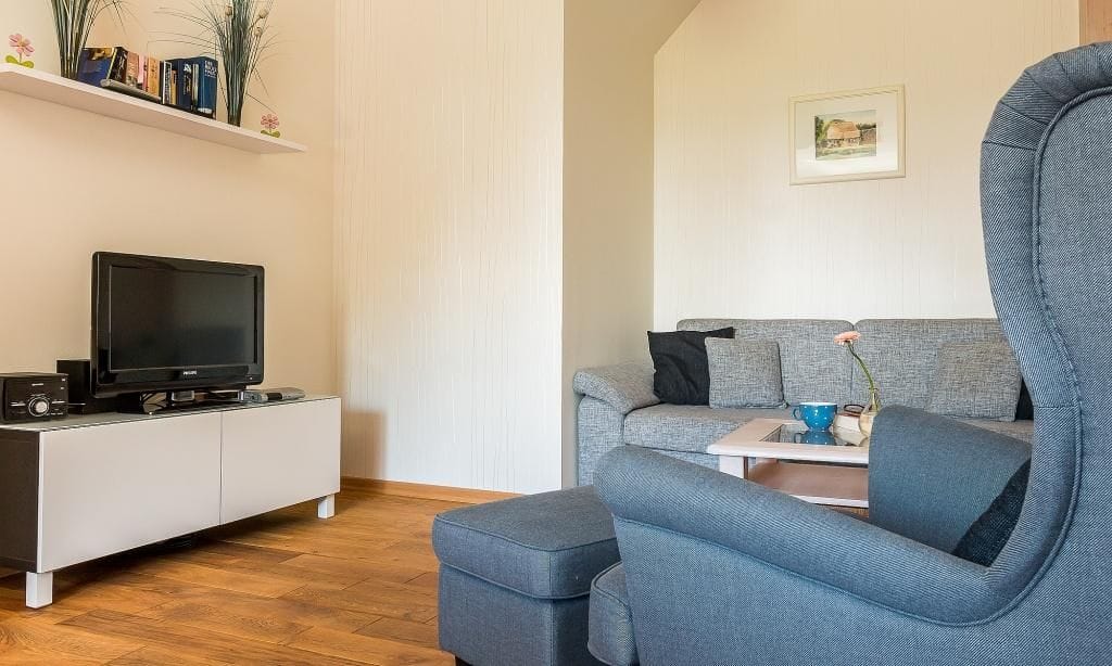 Gemütliches Wohnzimmer mit Sofa und Fernseher