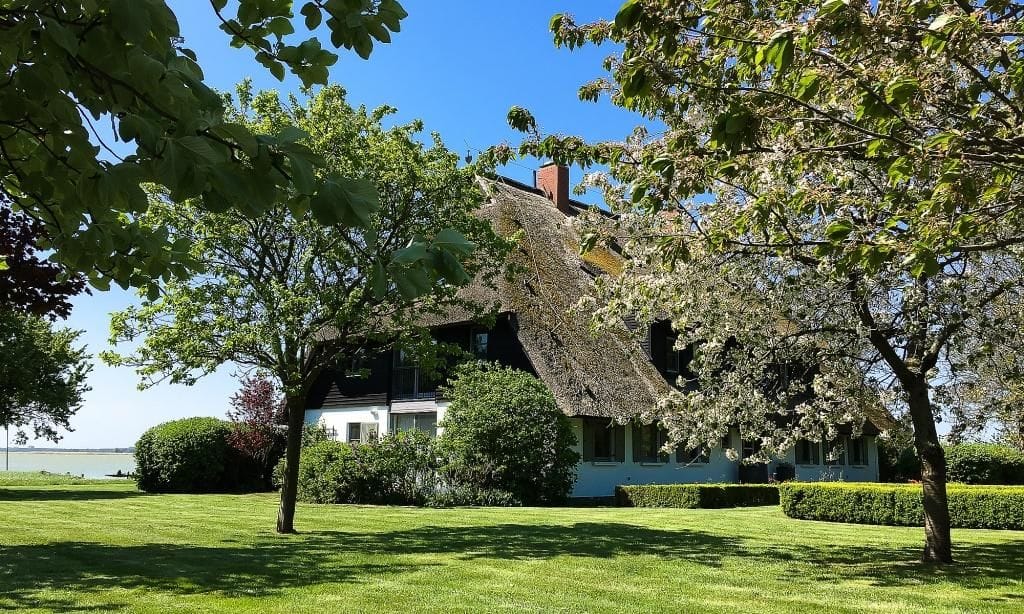 Außenansicht eines Hauses mit Reetdach