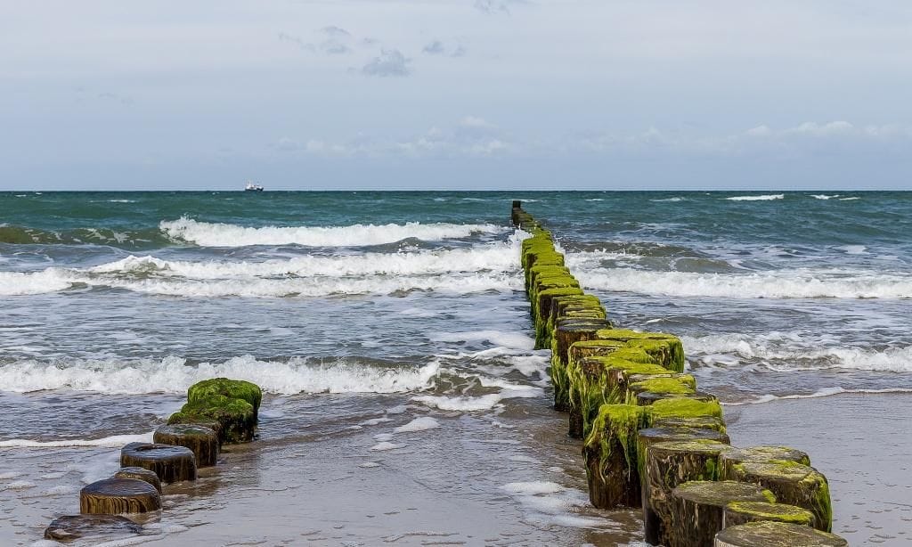 Strand mit Wellen und Holzpfählen