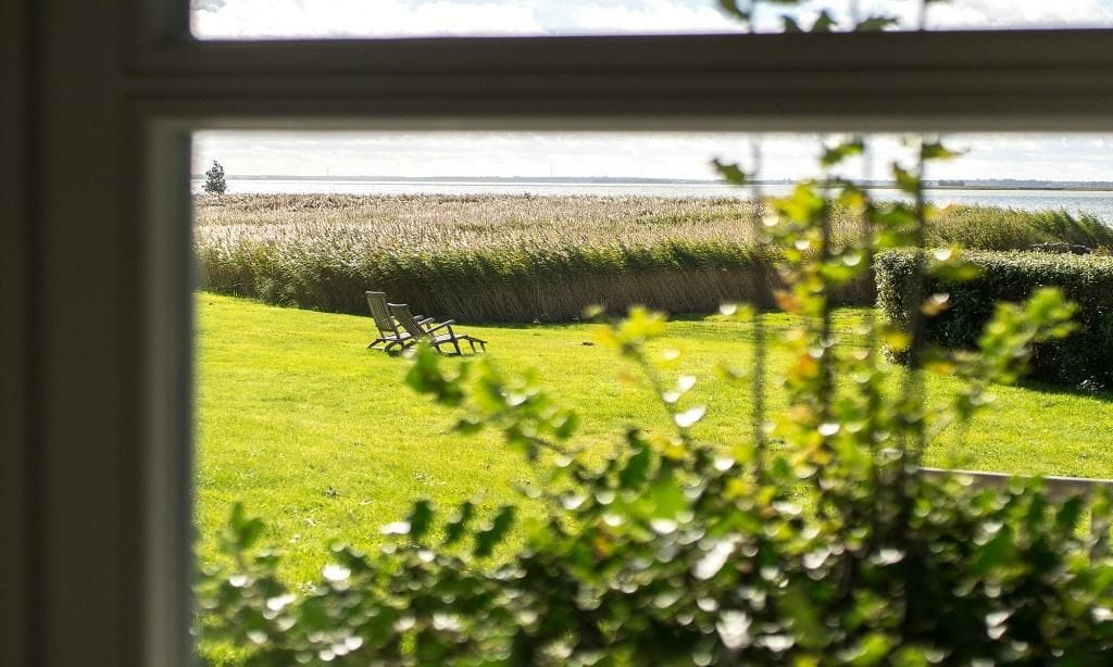 Gartenansicht mit Liegestühlen und Wasser im Hintergrund