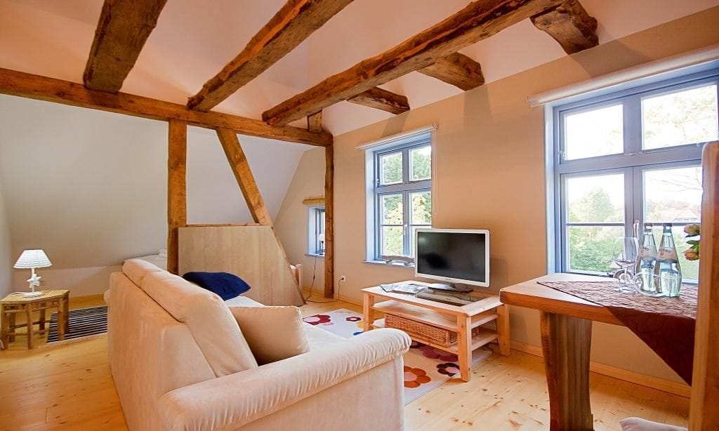 Helles Wohnzimmer mit Sofa und Fernseher