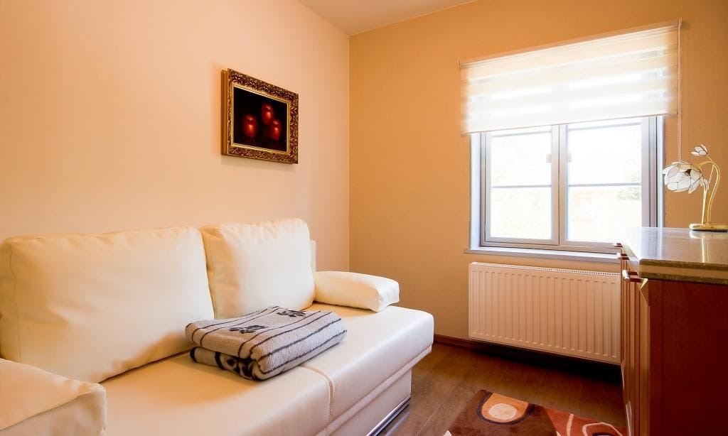 Helles Wohnzimmer mit Sofa und Fenster