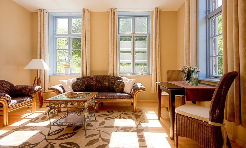 Gemütliches Wohnzimmer mit Lichtdurchfluteten Fenstern