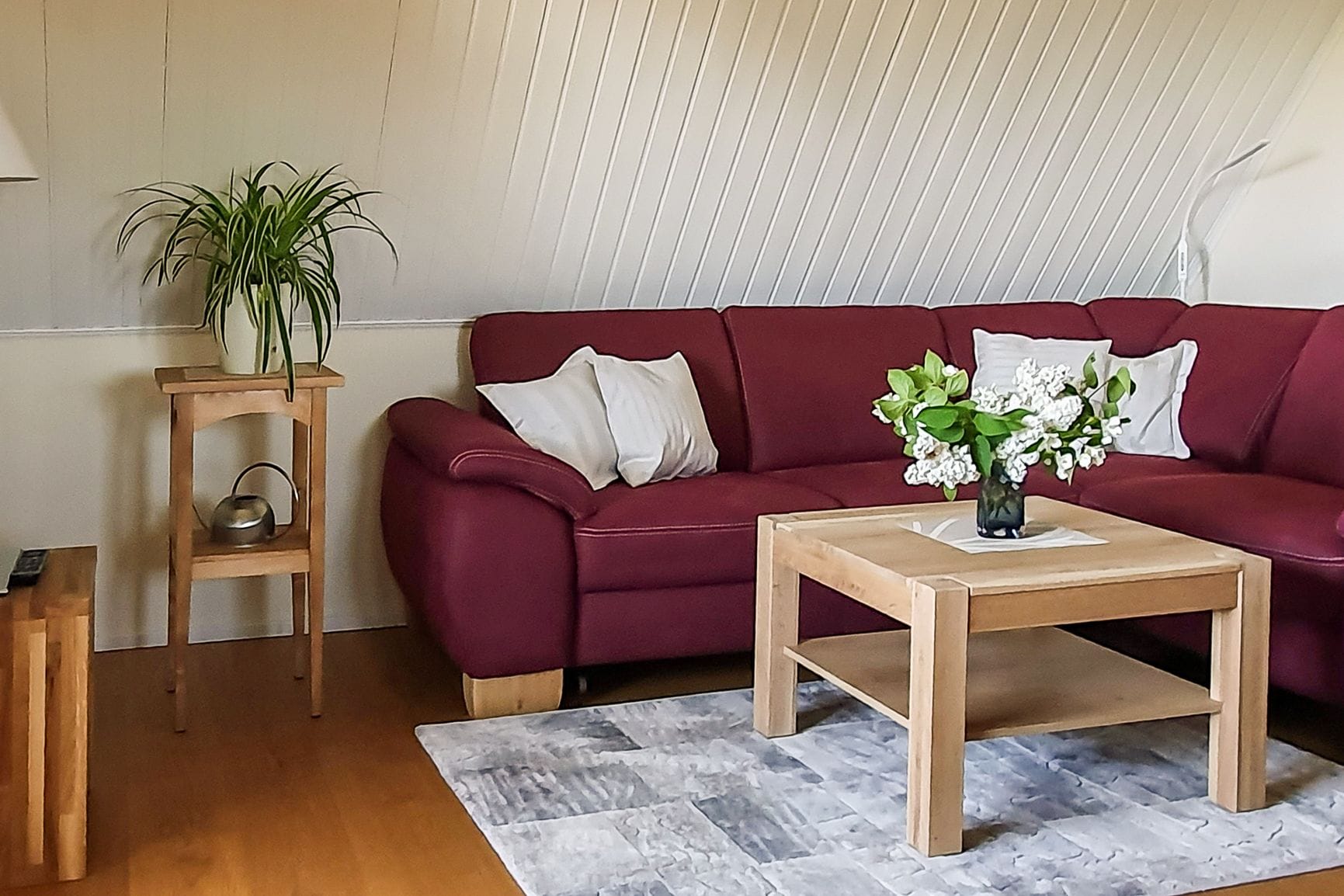Gemütliches Wohnzimmer mit rotem Sofa und Tisch