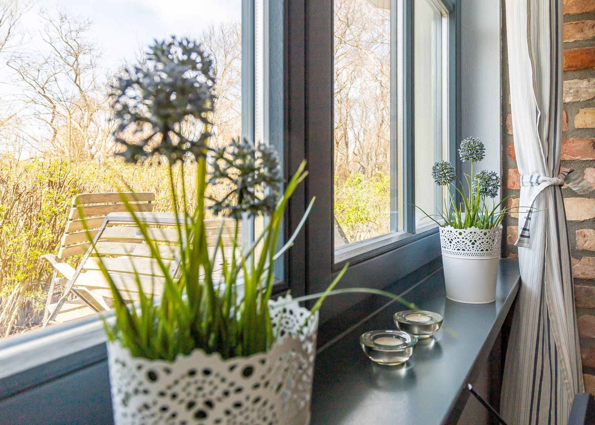 Innenansicht mit Pflanzen und Fenstersicht im Wohnzimmer.