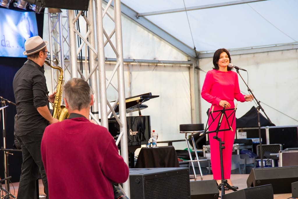Eine Sängerin in Pink steht am Mikrofon, daneben spielt ein Saxophonist.