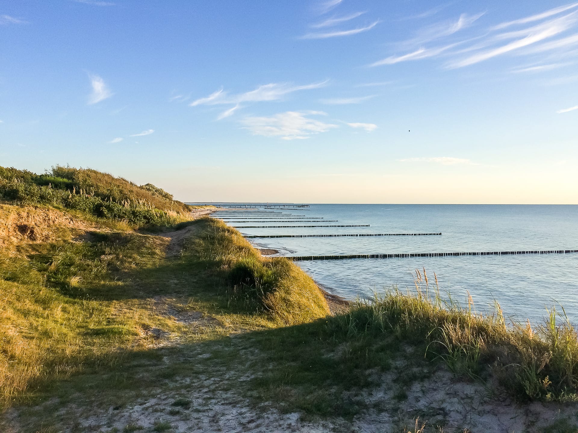 Ein Küstenweg an einer grasbewachsenen Steilküste, daneben die Ostsee mit Buhnen im Wasser und einem klaren Himmel.