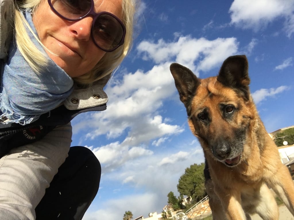 Eine lächelnde Frau mit Sonnenbrille und ein Schäferhund vor einem blau-weißen Wolkenhimmel.