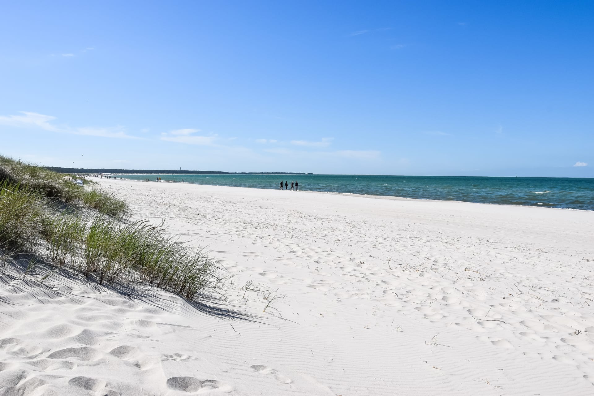 Sandstrand mit grasbewachsenen Dünen im Vordergrund und blauem Meer unter strahlend blauem Himmel.