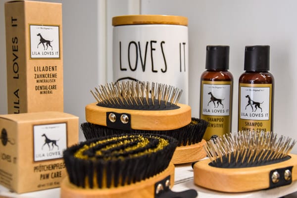 Verschiedene Pflegeprodukte für Hunde wie Bürsten, Shampoo und Zahncreme stehen auf einer Ablage.