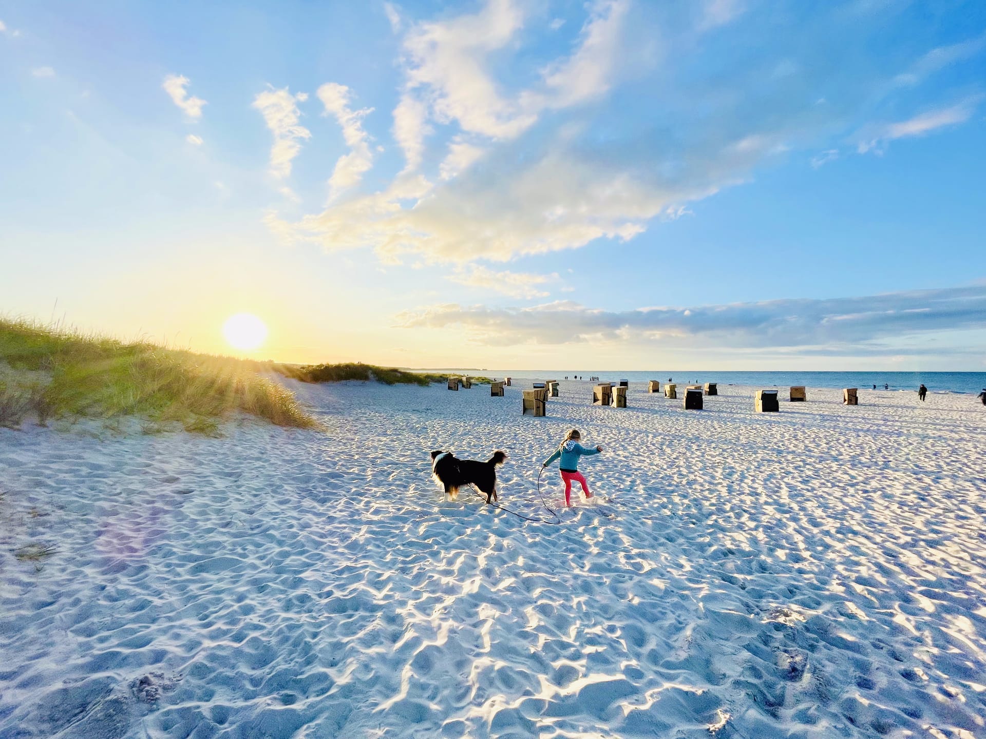 Kind spielt mit Hund am Ostseestrand bei Sonnenuntergang