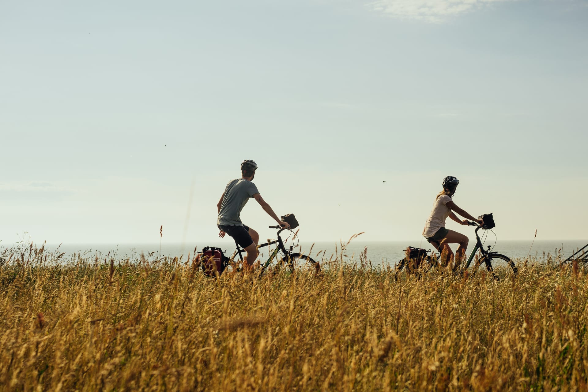 Radfahrer unterwegs entlang der Küste durch hohes Gras