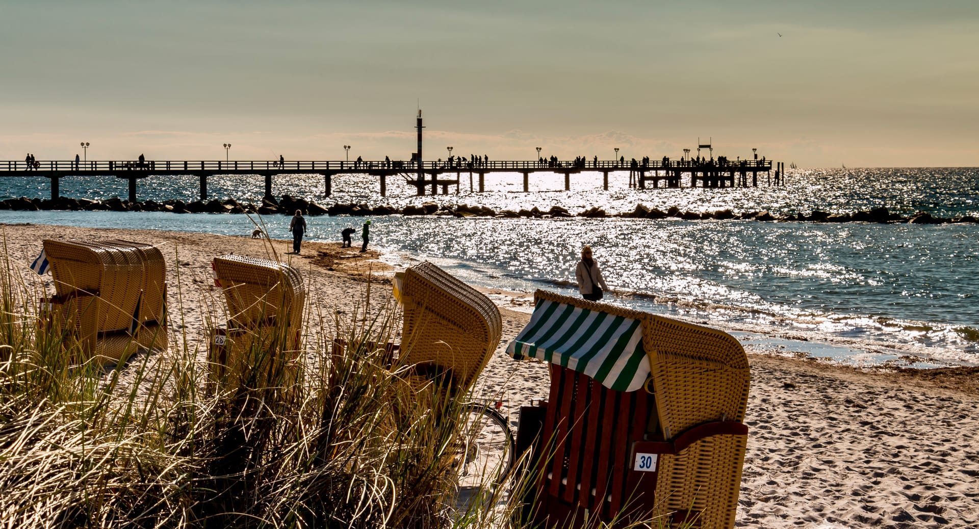 Strandkörbe am Ostseestrand mit Seebrücke im Ostseebad Wustrow auf dem Fischland